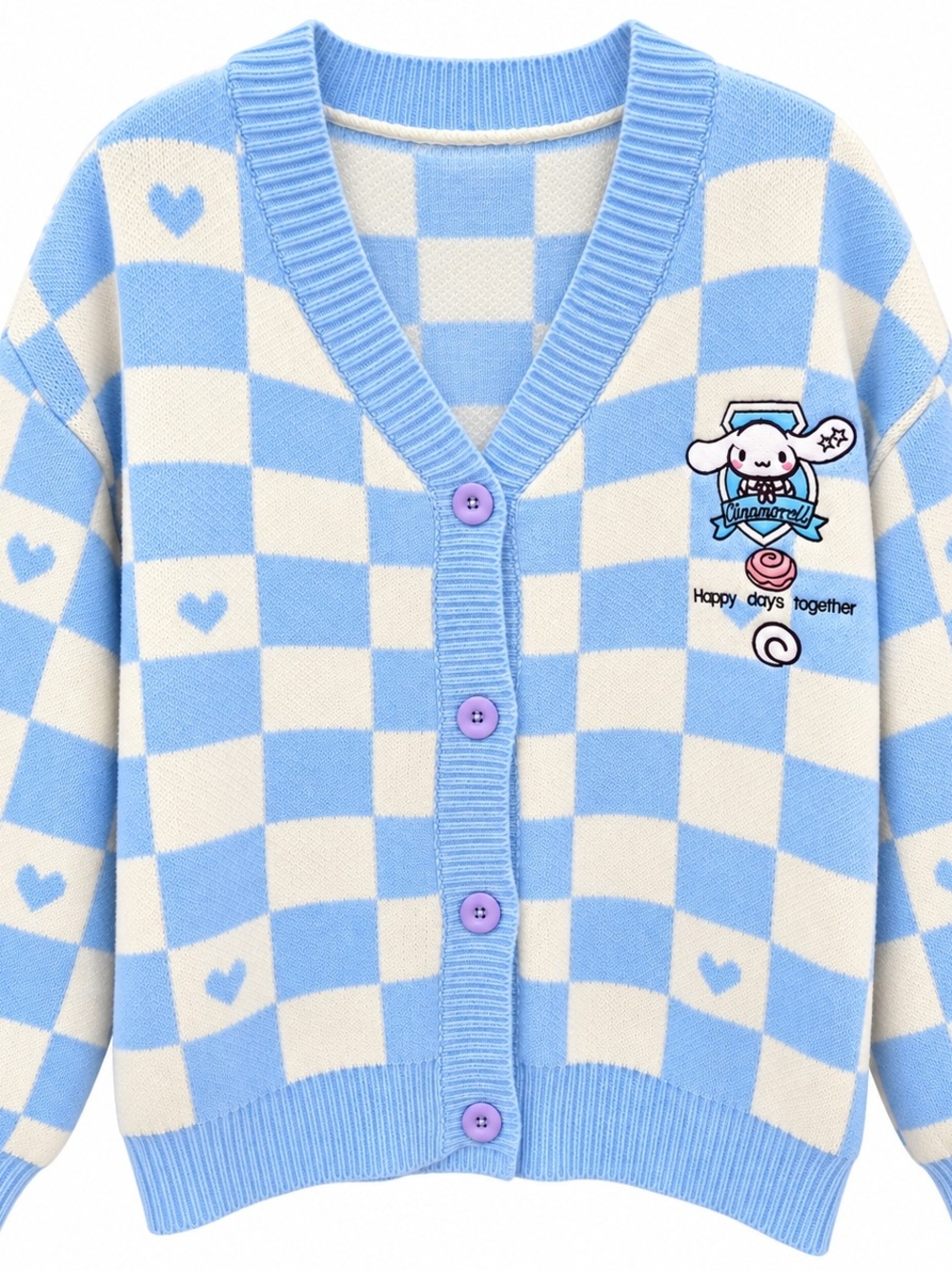 Kids Blue and Cream Checker Knit Cardigan with Cute Patch